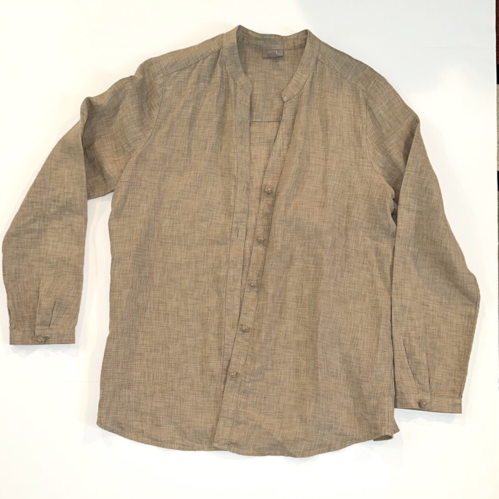 J Jill Shirt 100% Linen Tan Beige Frog Knot Button Shirt Size M Coastal Boho